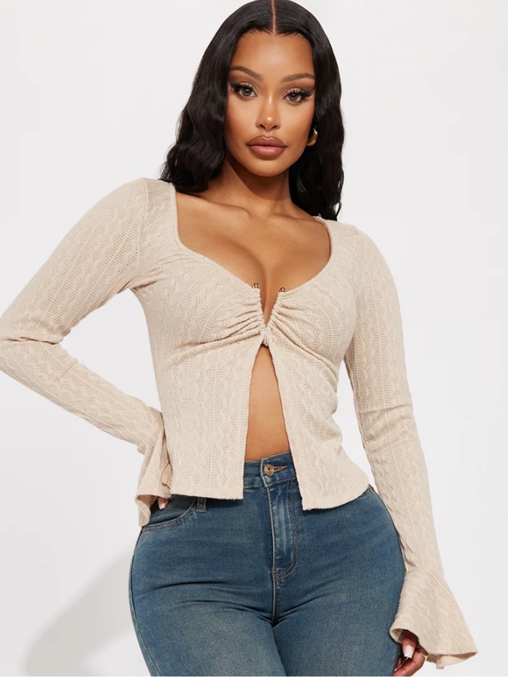 NWT Fashion Nova Mia Cable Knit Long Sleeve Top - Ivory Beige Small